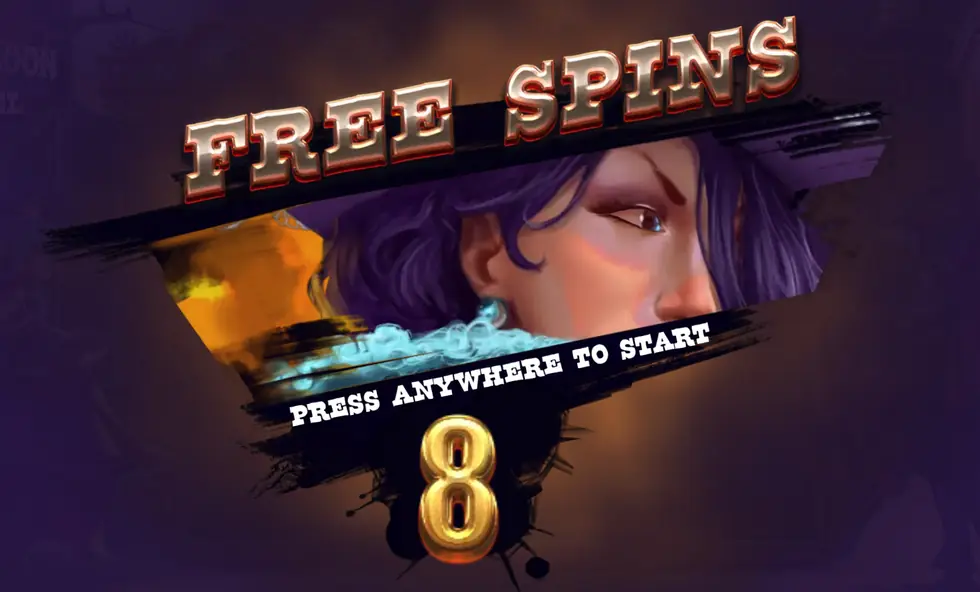 The High Noon Duel free spins award screen showing a count of eight and Pistol Belle behind it