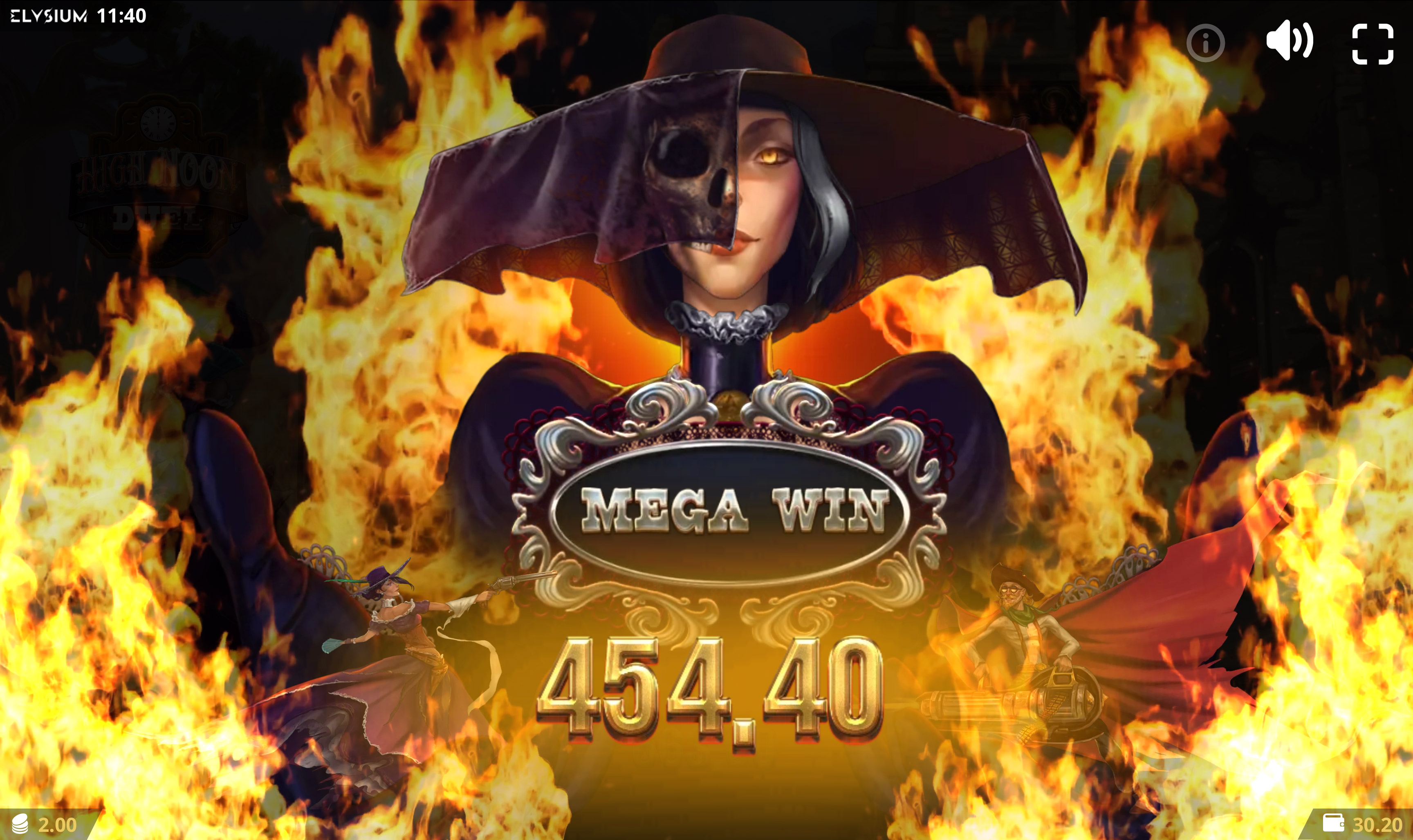 High Noon Duel Mega Win screen framed by flames and both shooters